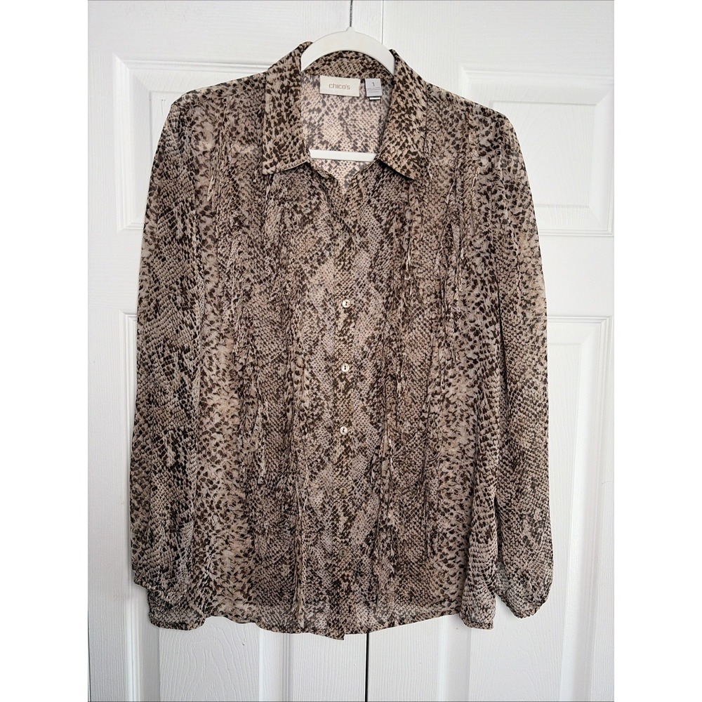 Chico's Ruffle Snakeskin‎ Blouse Womens Size 1 M Brown Animal Print Chiffon Top
